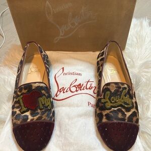 Christian Louboutin Burgundy and Brown pony hair Leopard w/ Swarovski crystals